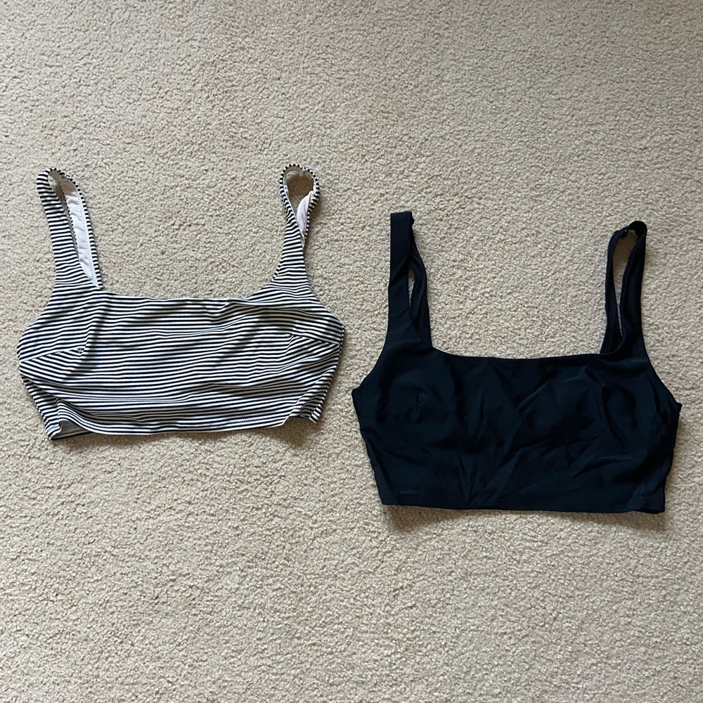 Aerie Black and White Striped and Solid Black Bathing Suit Tops (2)